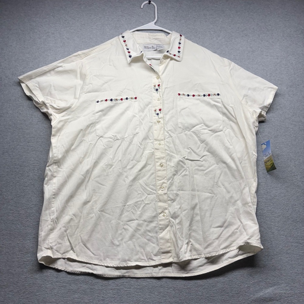 Willow Bay Womens White Cotton Twill Floral Embroidered Button Up Shirt 3X NWT